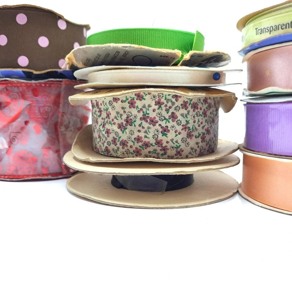 Vintage Ribbon Lot 10 Rolls Mixed Floral Polka Dot Sheer Satin Grosgrain Destash